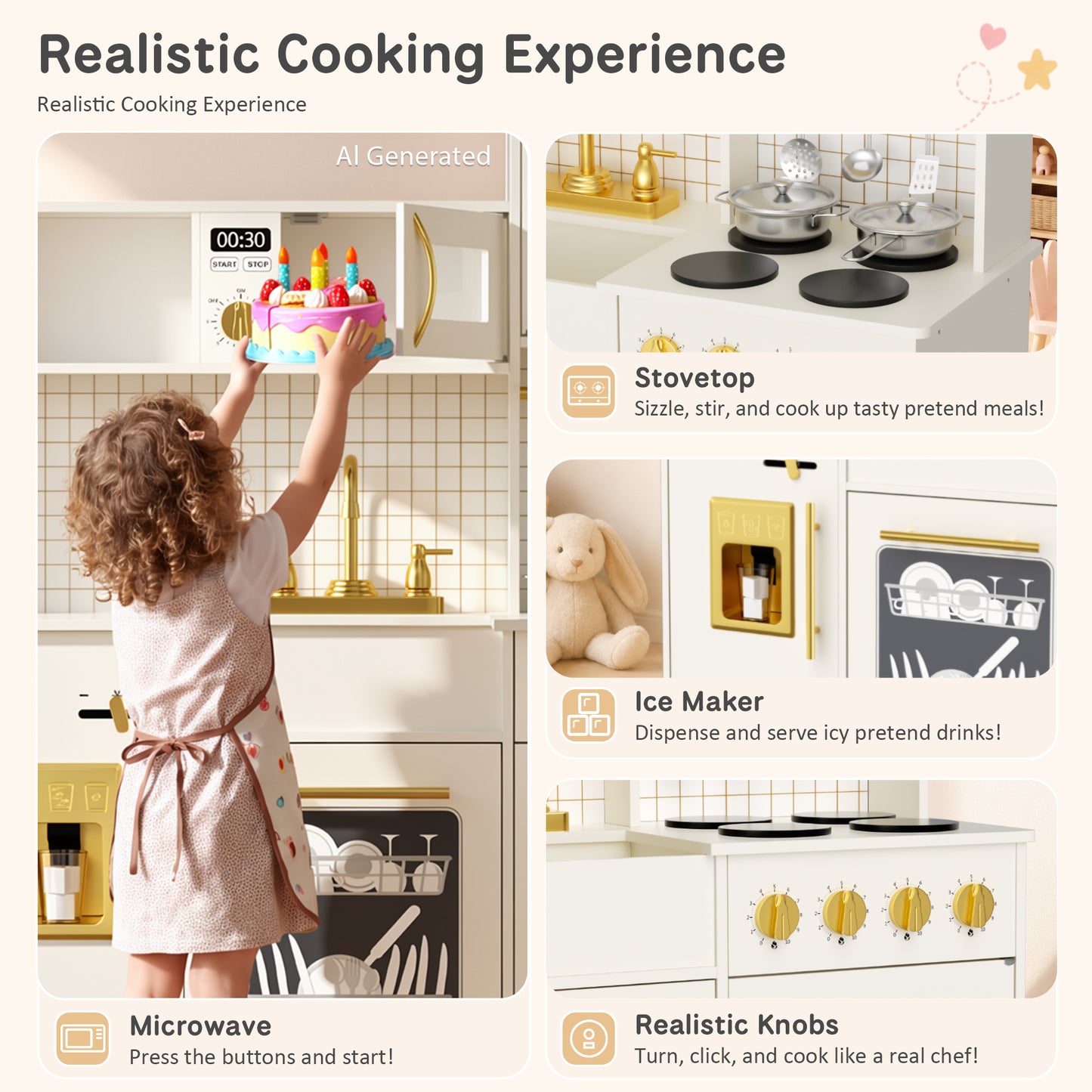 AILEEKISS Kids Kitchen Playset for Children, Realistic Pretend Kitchen Toy with Ice Maker, Beige