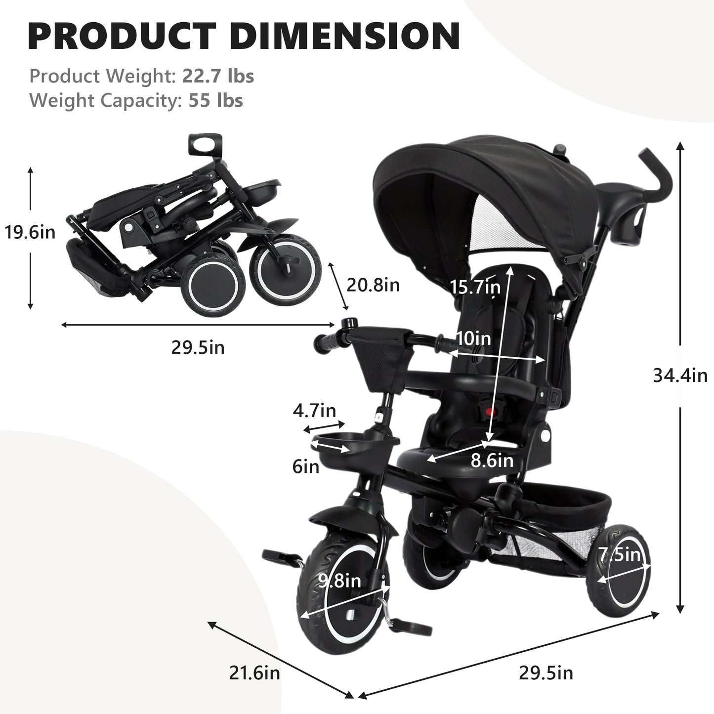 AILEEKISS 8-in-1 Kids' Tricycle Stroller, Folding Toddler Bicycle Unisex Ride Trike 1-6 Years, Black