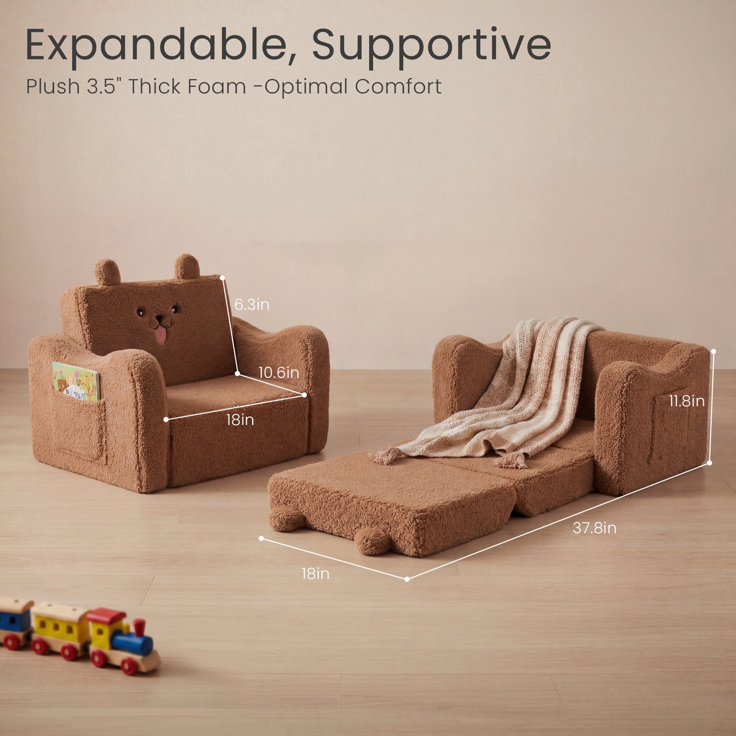 AILEEKISS Toddler Sofa, Foldable Kids Sofa Couch, Convertible Baby Lounger Chair for Playroom, Brown