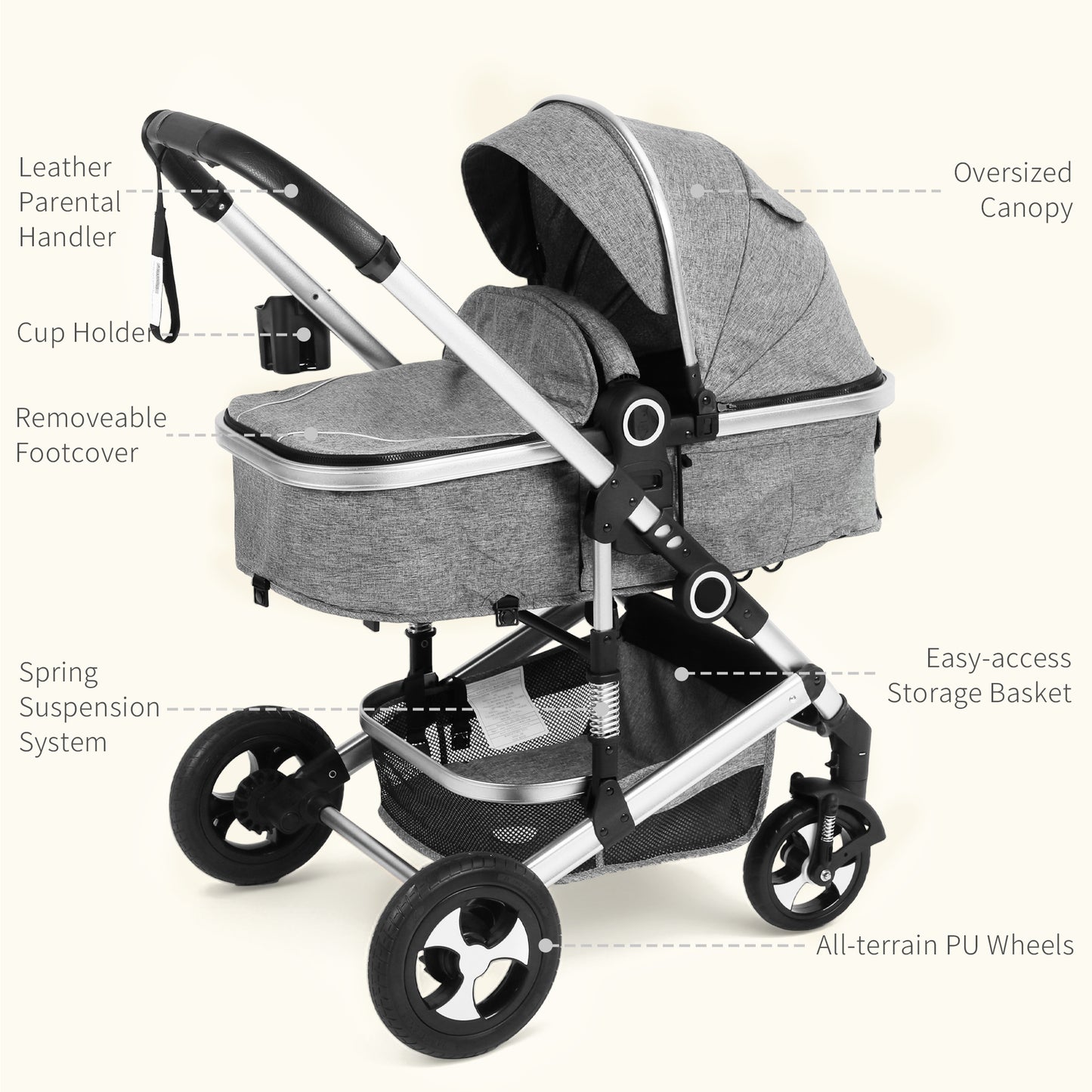 AILEEKISS 3 in 1 Convertible Baby Stroller, Unisex Folding Newborn Stroller with Big Seat, Dark Grey