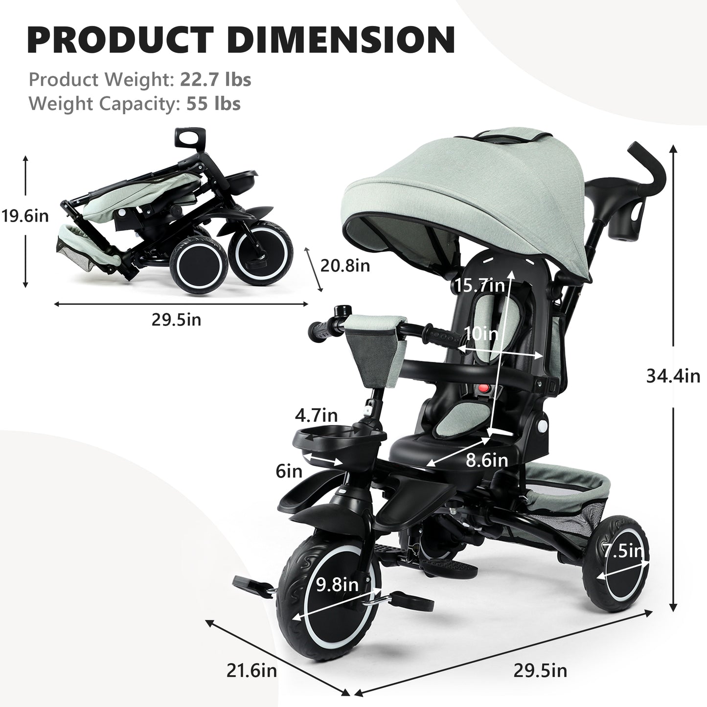 AILEEKISS 8-in-1 Kids' Tricycle Stroller, Folding Toddler Bicycle Unisex Ride Trike 1-6 Years, Mint Green