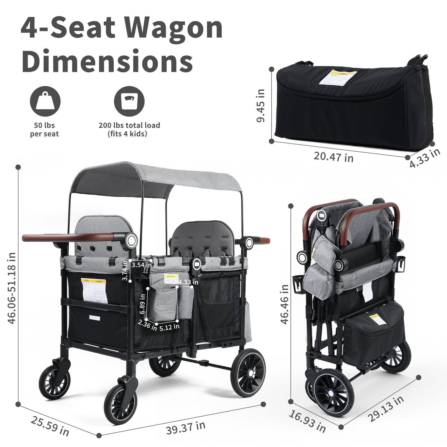 AILEEKISS Wagon Stroller for 4 Toddlers, 4-in-1 Baby Wagon with Canopy, 59 Pounds, Black Grey