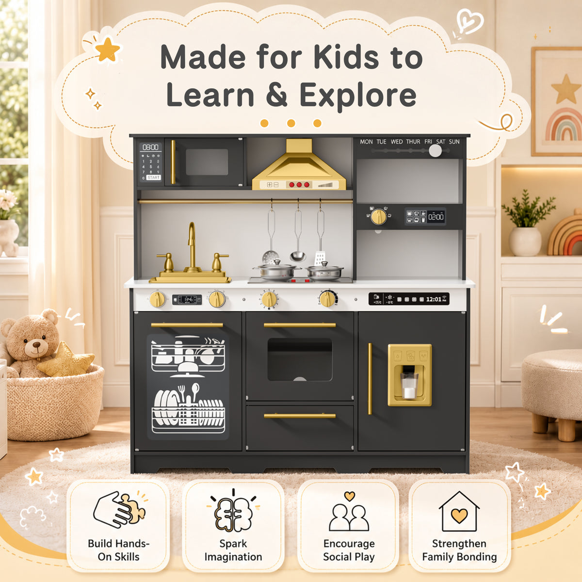 AILEEKISS Kids Toy Kitchen for Children, Pretend Kids Play Kitchen Set with Cooking Accessories, Black