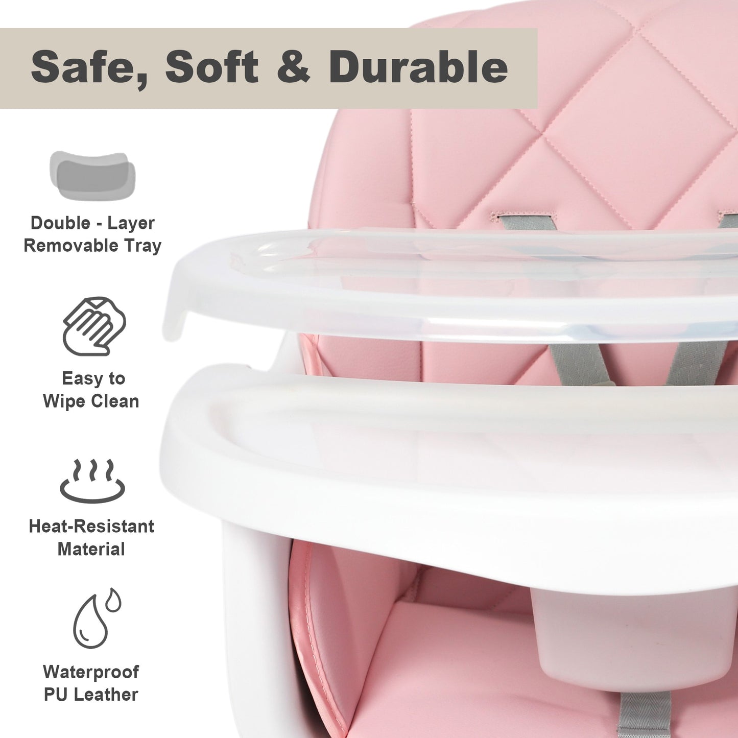 AILEEKISS 7 in 1 Wooden Baby High Chair for Toddler, Infant Feeding Chair with Removable Tray, Pink