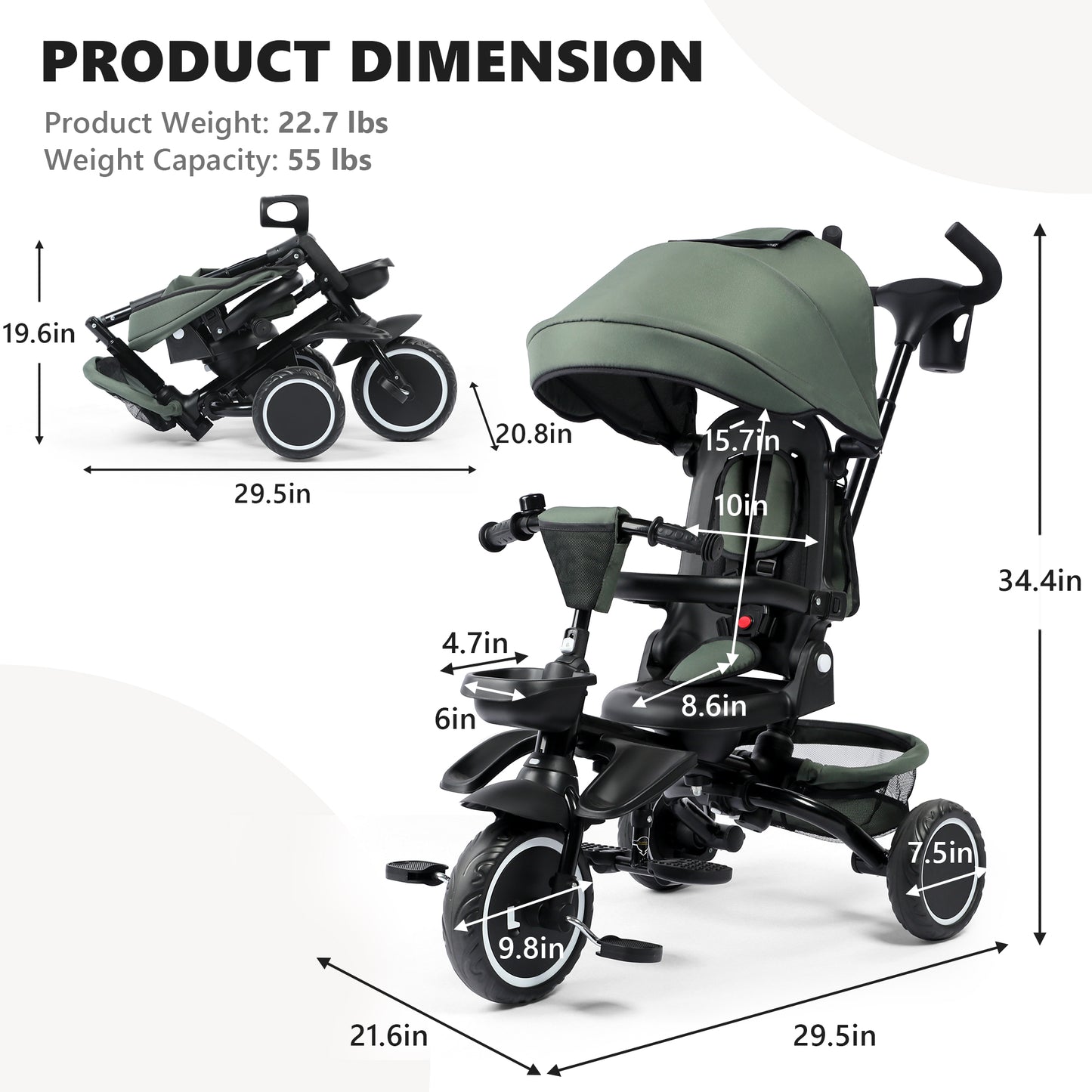 AILEEKISS 8-in-1 Kids' Tricycle Stroller, Folding Toddler Bicycle Unisex Ride Trike 1-6 Years, Military Green