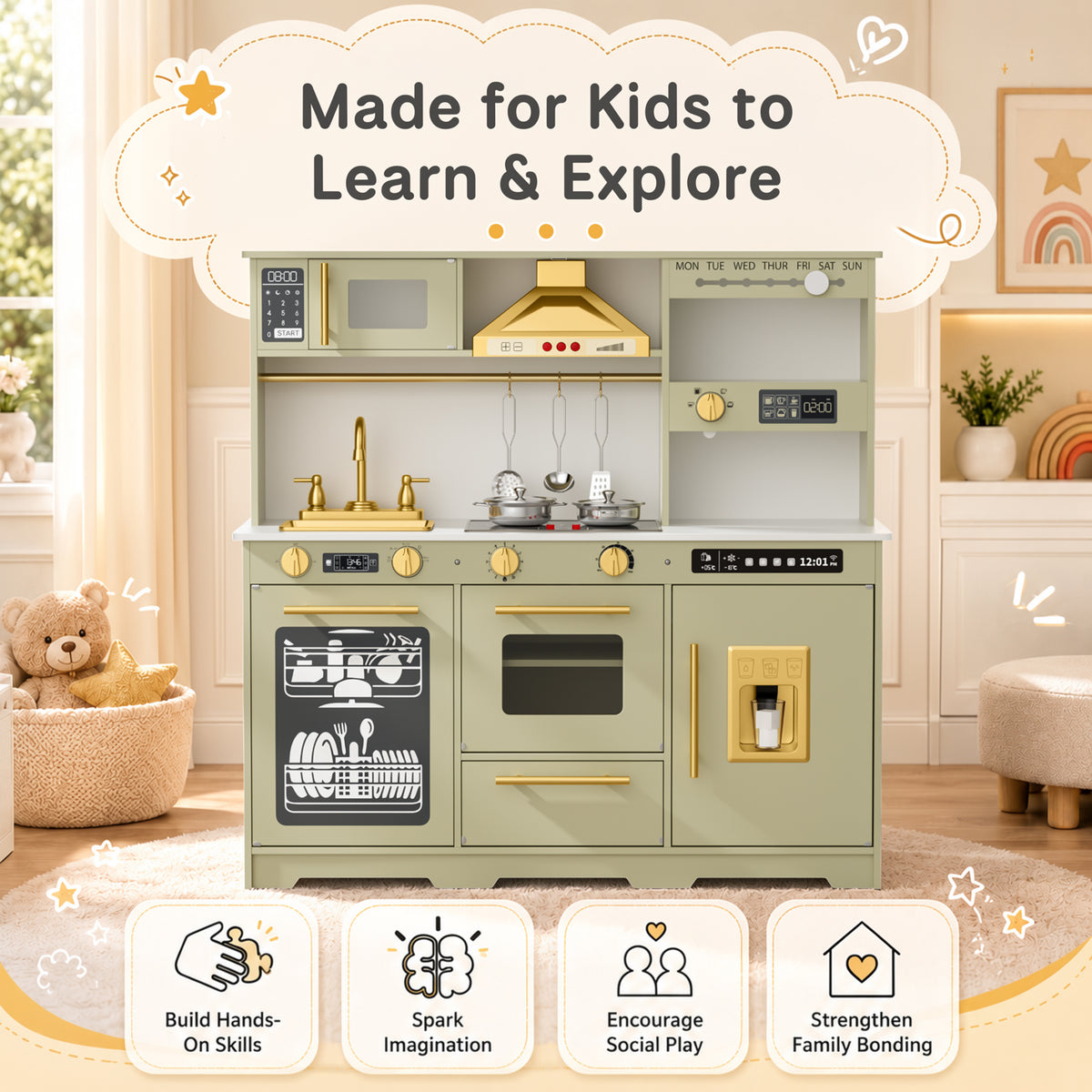 AILEEKISS Kids Toy Kitchen for Children, Pretend Kids Play Kitchen Set with Cooking Accessories, Green