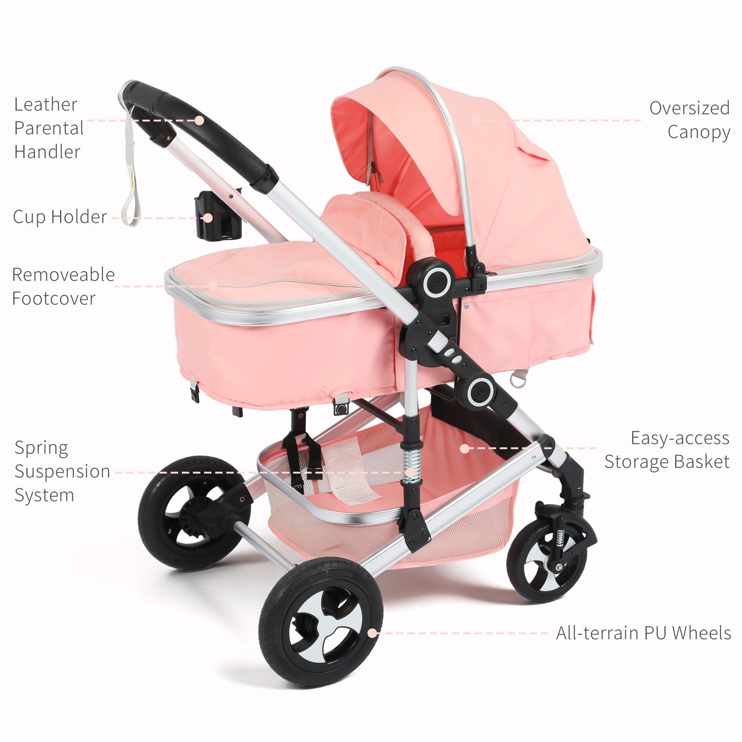 AILEEKISS 3 in 1 Convertible Baby Stroller, Unisex Folding Newborn Stroller with Big Seat, Pink