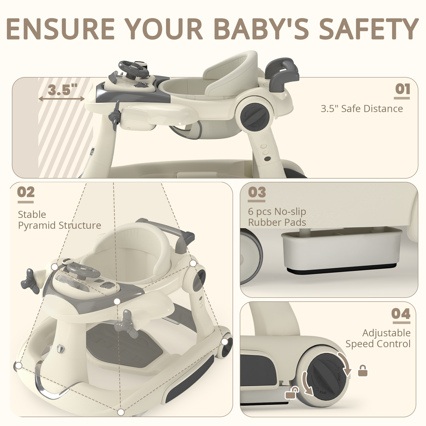 AILEEKISS 5-in-1 Musical Baby Walker with Wheels, Foldable Baby Walker for Boys Girls, Beige