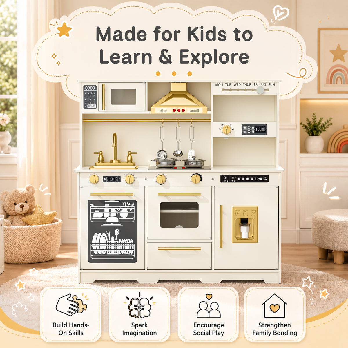 AILEEKISS Kids Toy Kitchen for Children, Pretend Kids Play Kitchen Set with Cooking Accessories, Beige