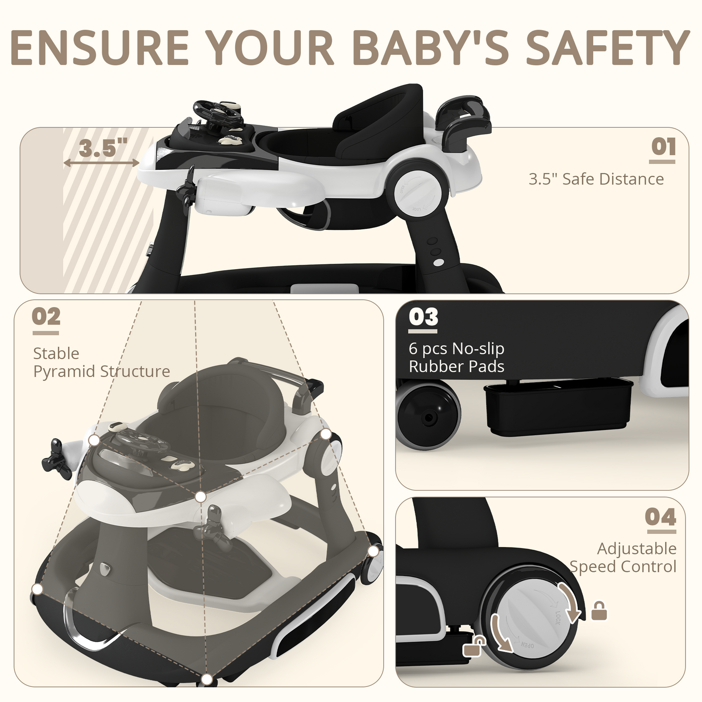 AILEEKISS 5-in-1 Musical Baby Walker with Wheels, Foldable Baby Walker for Boys Girls, Black