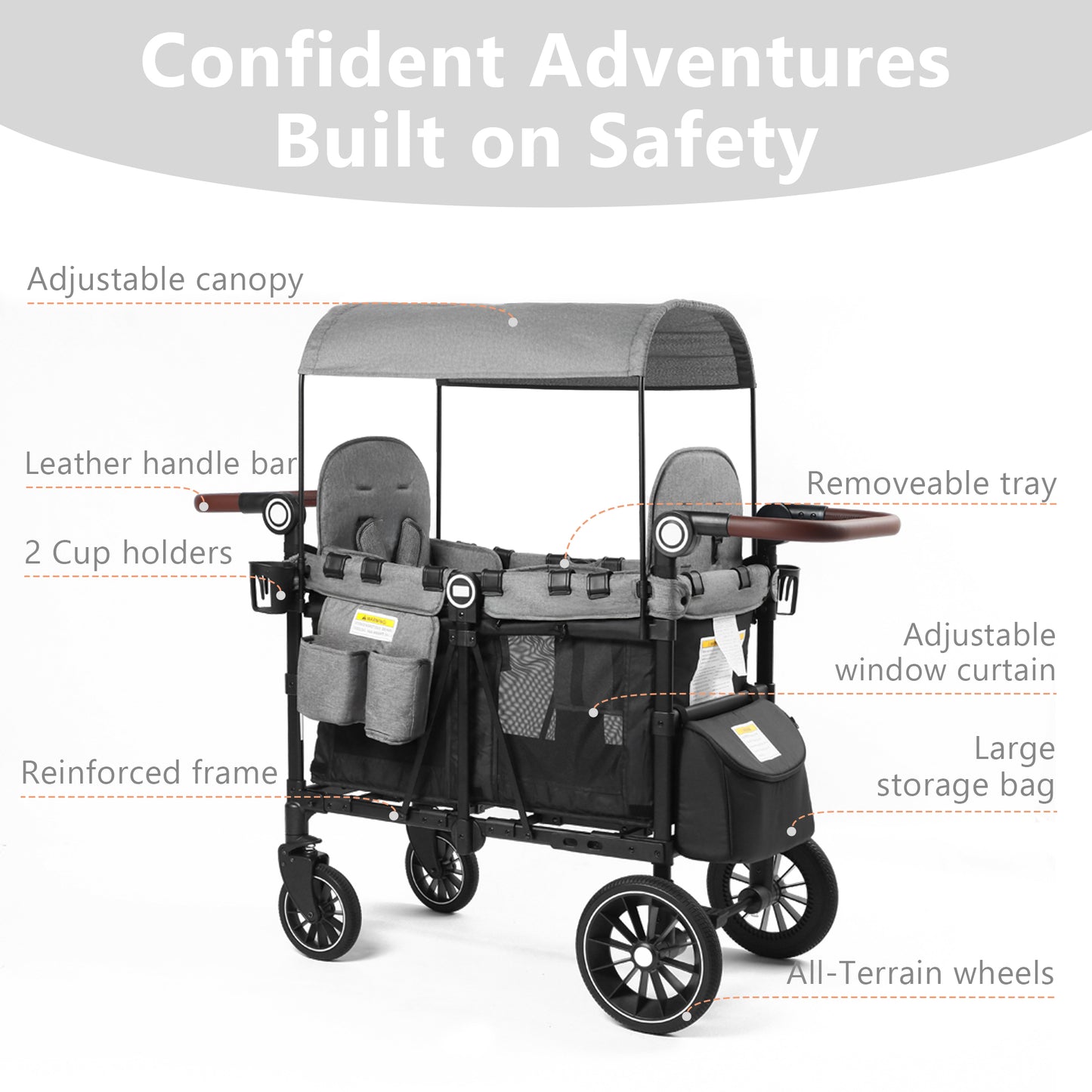 AILEEKISS Stroller Wagon for 2 Toddlers with Canopy, All-Terrain Baby Wagon, 55 Pounds, Black & Grey