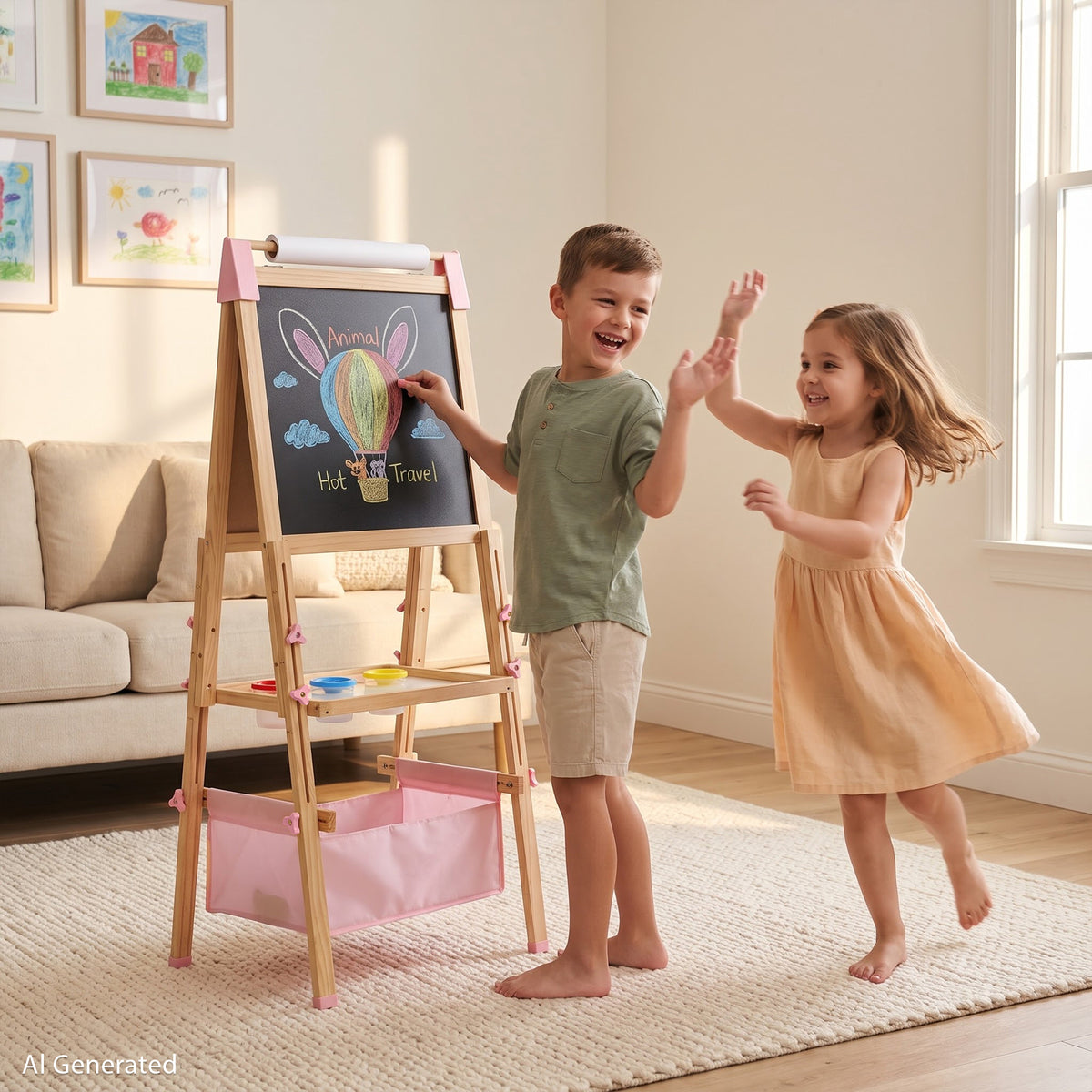AILEEKISS Kids Art Easel Double-Sided Art Easel with Whiteboard and Chalkboard for Painting, Pink