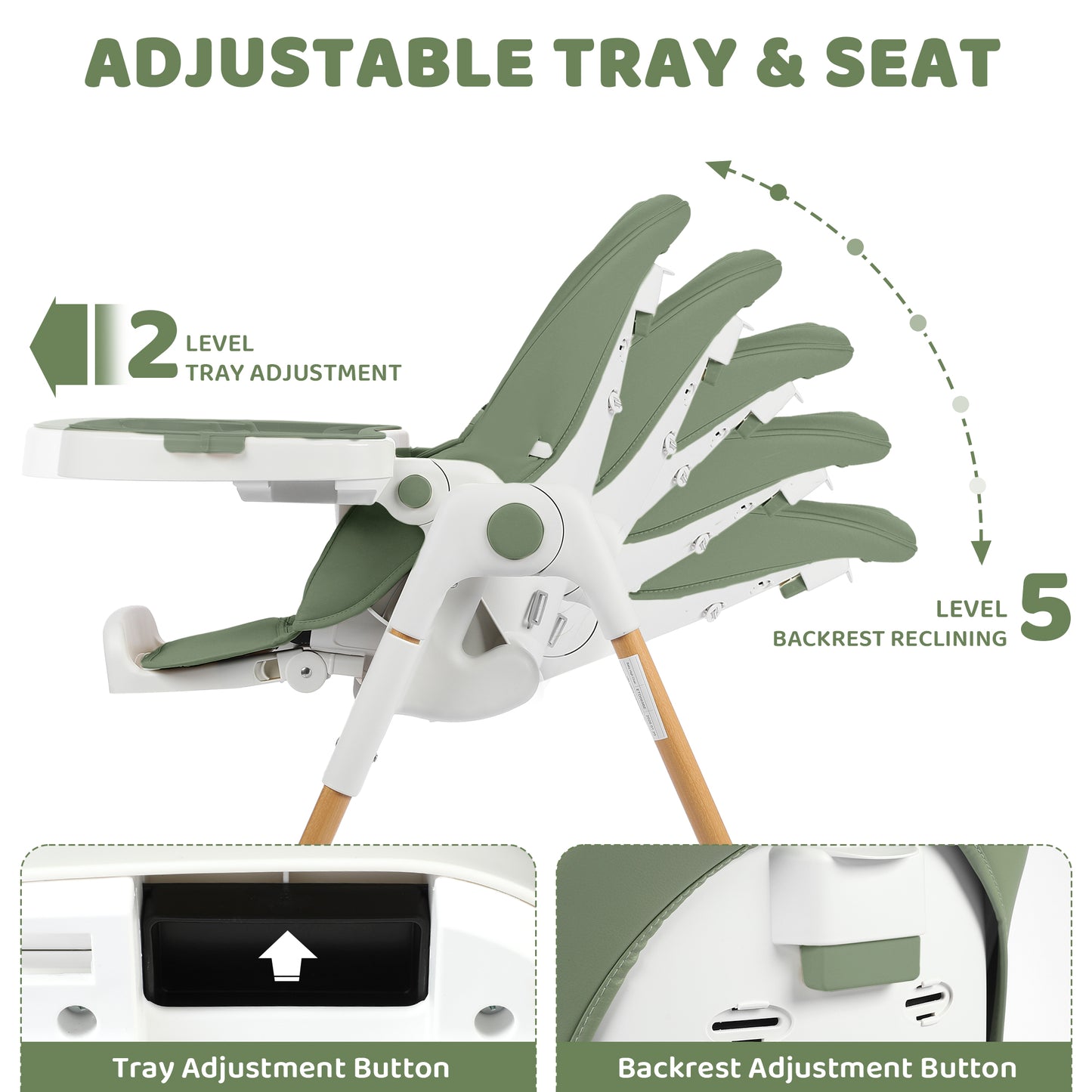AILEEKISS Foldable High Chair for Baby, Toddler Eating Chair with Detachable Double Trays, Natural Green