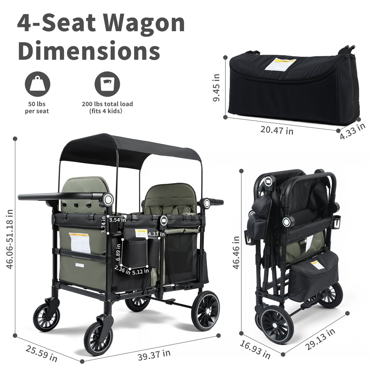 AILEEKISS Wagon Stroller for 4 Toddlers, 4-in-1 Baby Wagon with Canopy, 59 Pounds, Green