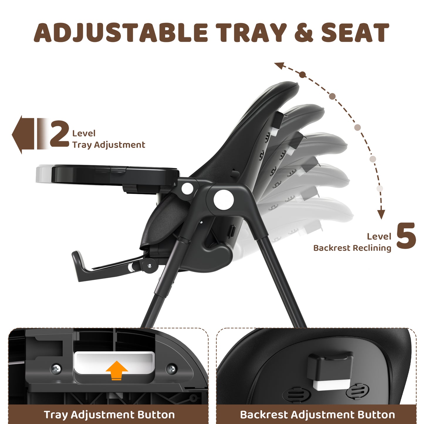AILEEKISS Foldable High Chair for Baby, Toddler Eating Chair with Detachable Double Trays, Black