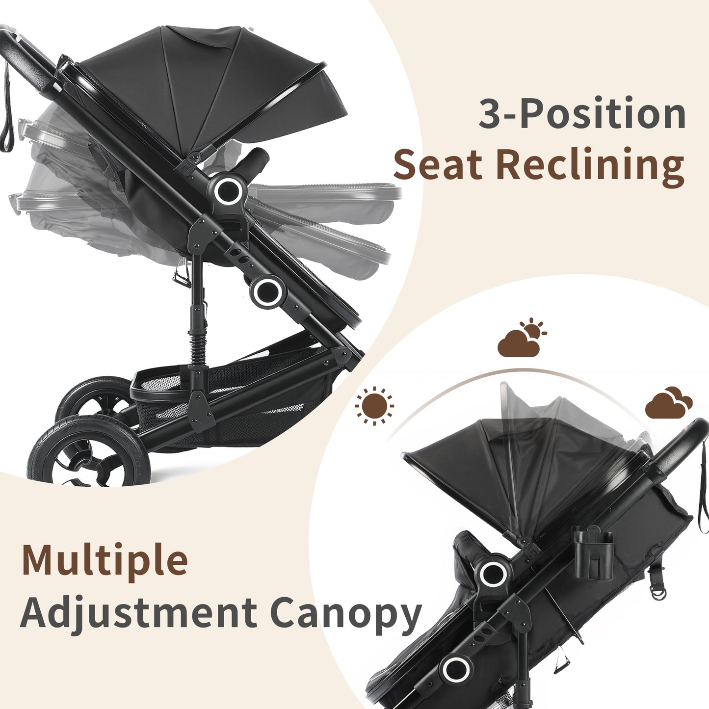 AILEEKISS 3 in 1 Convertible Baby Stroller, Unisex Folding Newborn Stroller with Big Seat, Black