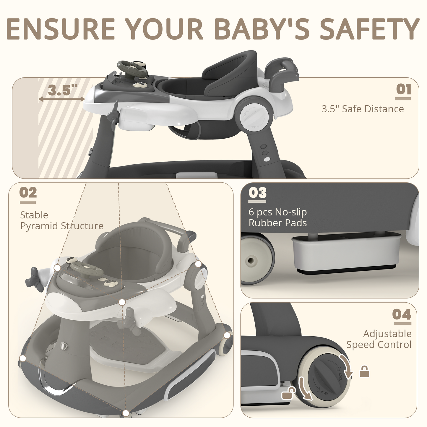 AILEEKISS 5-in-1 Musical Baby Walker with Wheels, Foldable Baby Walker for Boys Girls, Gray