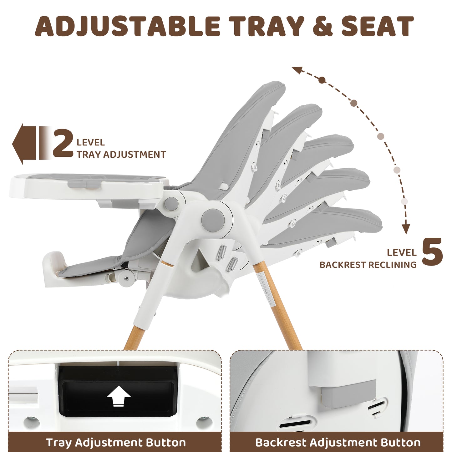 AILEEKISS Foldable High Chair for Baby, Toddler Eating Chair with Detachable Double Trays, Natural Grey