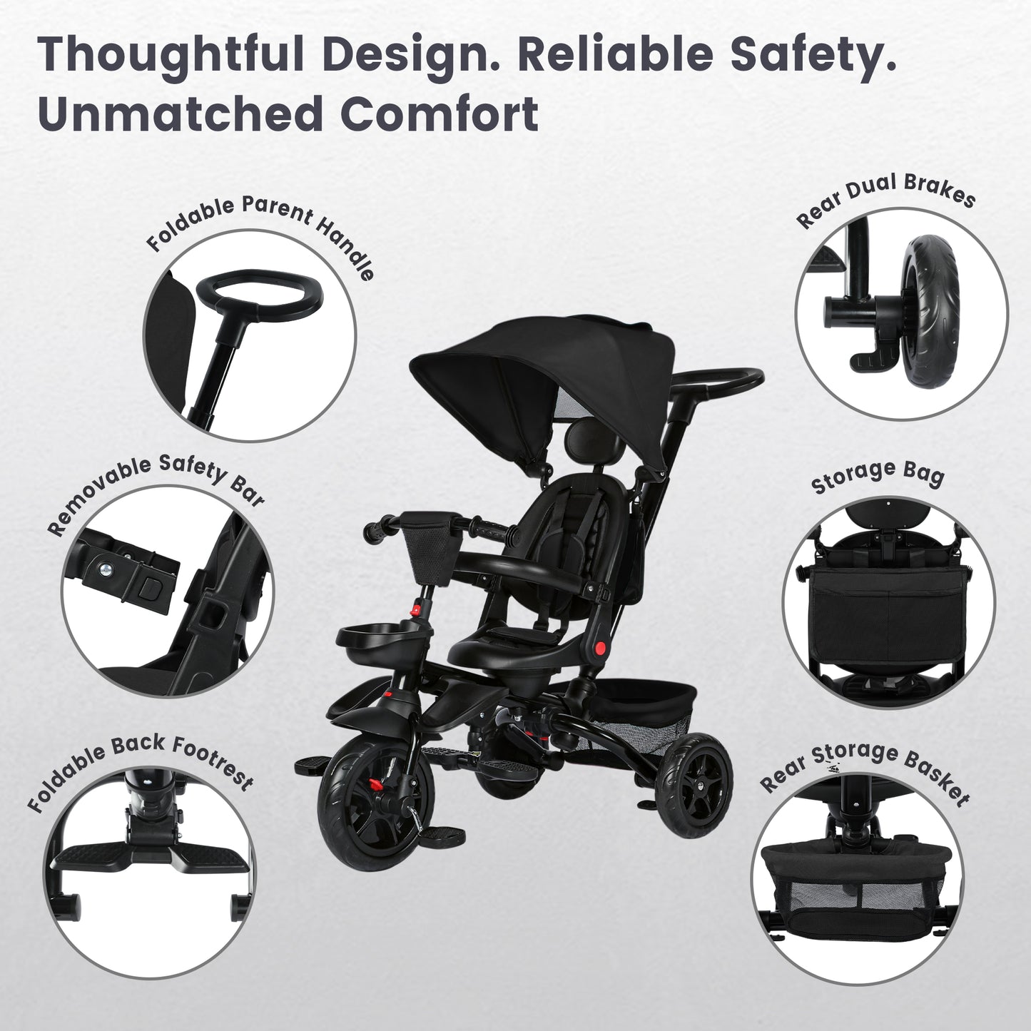AILEEKISS Folding Kids' Tricycle, 8 IN1 Baby Trike W/Removable Canpoy&Parental Push Rod, Toddler Bike Stroller for Kids 1-5 Years, Black