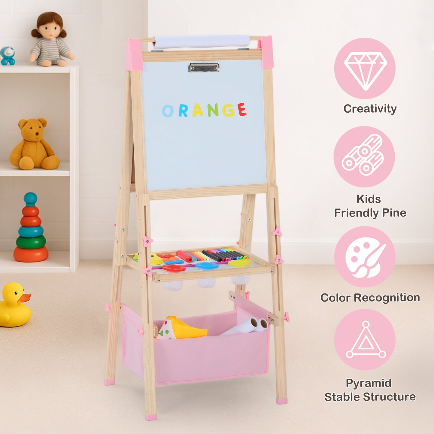 LINLUX Double-Sided Art Easel for Kids, 3 in 1 Wooden Kids Easel w/Paper Roller & Art Supplies, Pink