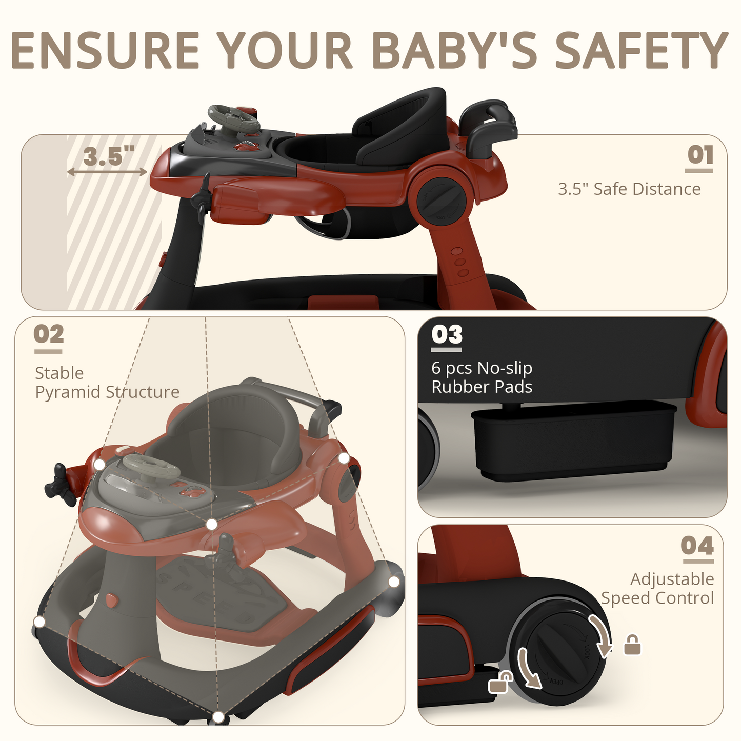 AILEEKISS 5-in-1 Musical Baby Walker with Wheels, Foldable Baby Walker for Boys Girls, Red