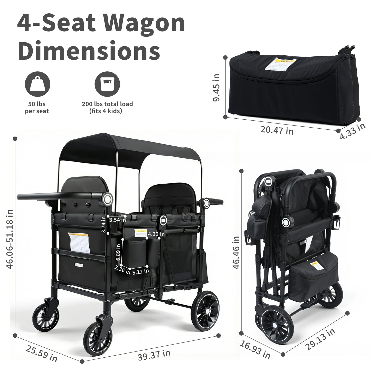 AILEEKISS Wagon Stroller for 4 Toddlers, 4-in-1 Baby Wagon with Canopy, 59 Pounds, Black
