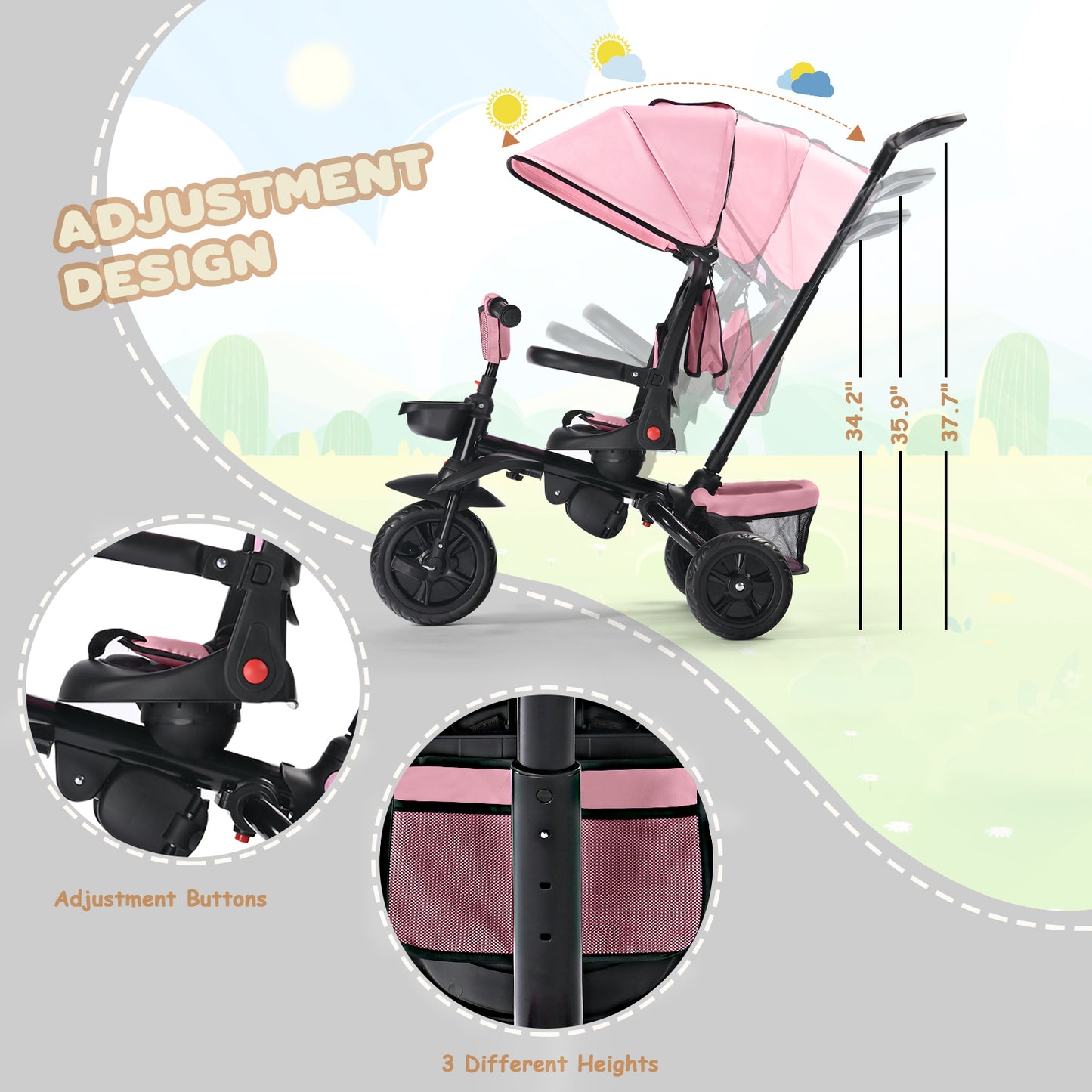 AILEEKISS Folding Kids' Tricycle, 8 IN1 Baby Trike W/Removable Canpoy&Parental Push Rod, Toddler Bike Stroller for Kids 1-5 Years, Pink