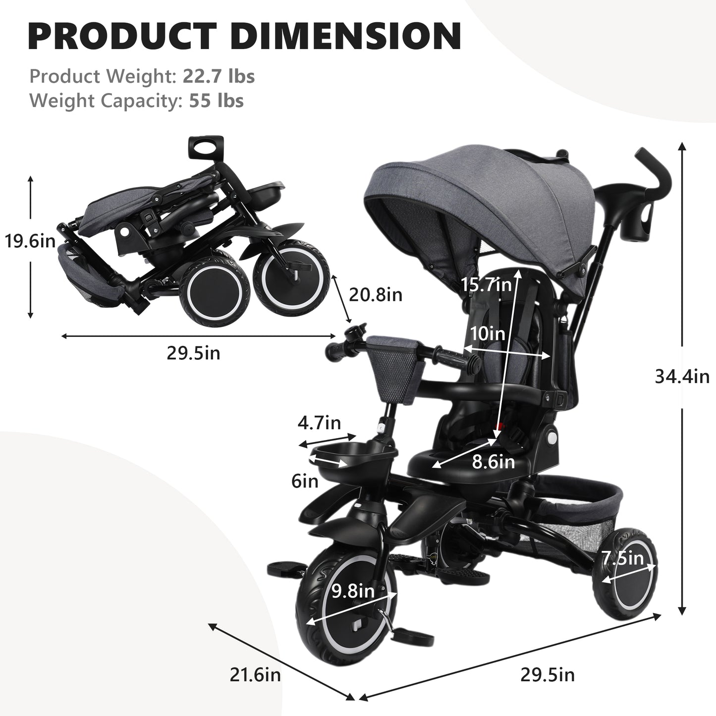 AILEEKISS 8-in-1 Kids' Tricycle Stroller, Toddler Bicycle Unisex Ride Trike 1-6 Years, Grey