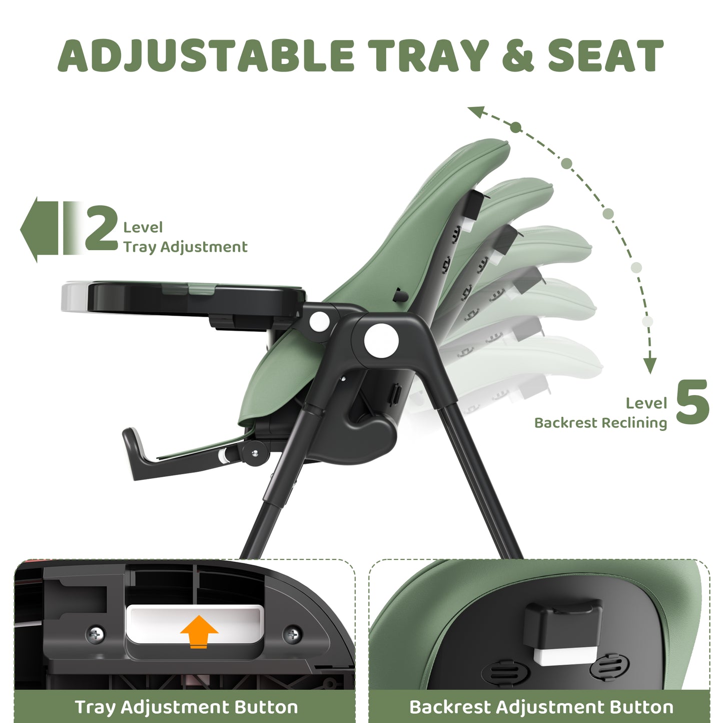 AILEEKISS Foldable High Chair for Baby, Toddler Eating Chair with Detachable Double Trays, Green