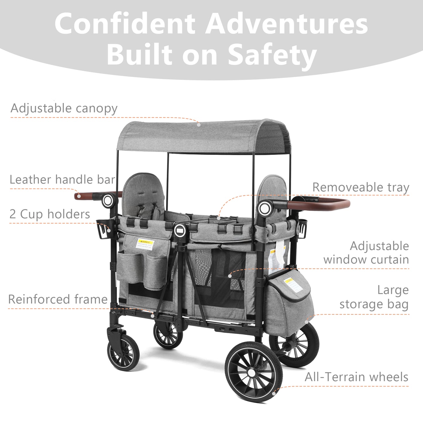 AILEEKISS Stroller Wagon for 2 Toddlers with Canopy, All-Terrain Baby Wagon Stroller,55 Pounds, Grey