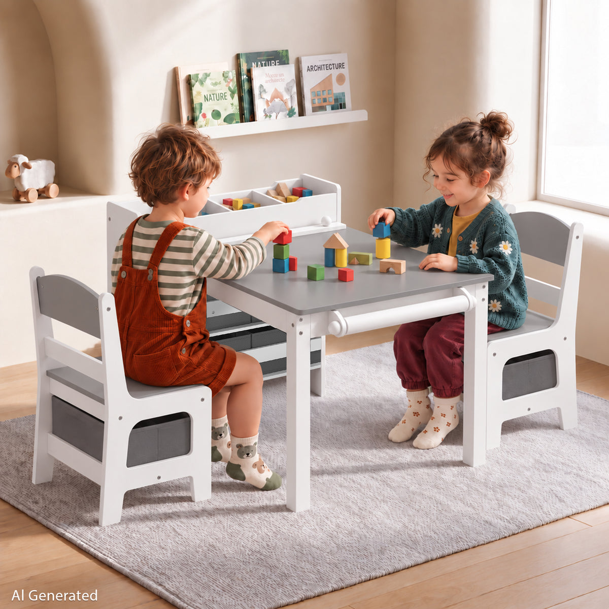 AILEEKISS Kids Table and Chair Set,Children Play Activity Desk for Drawing with 6 Drawers, Grey