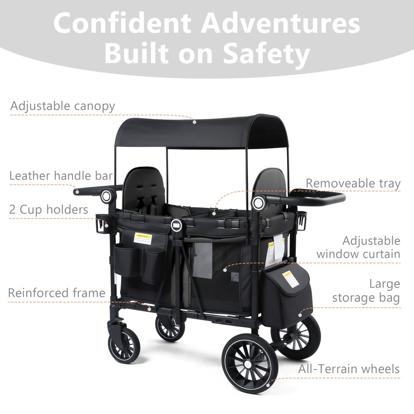 AILEEKISS Stroller Wagon for 2 Toddlers with Canopy, All-Terrain Baby Wagon Stroller, 55 Pounds, Black