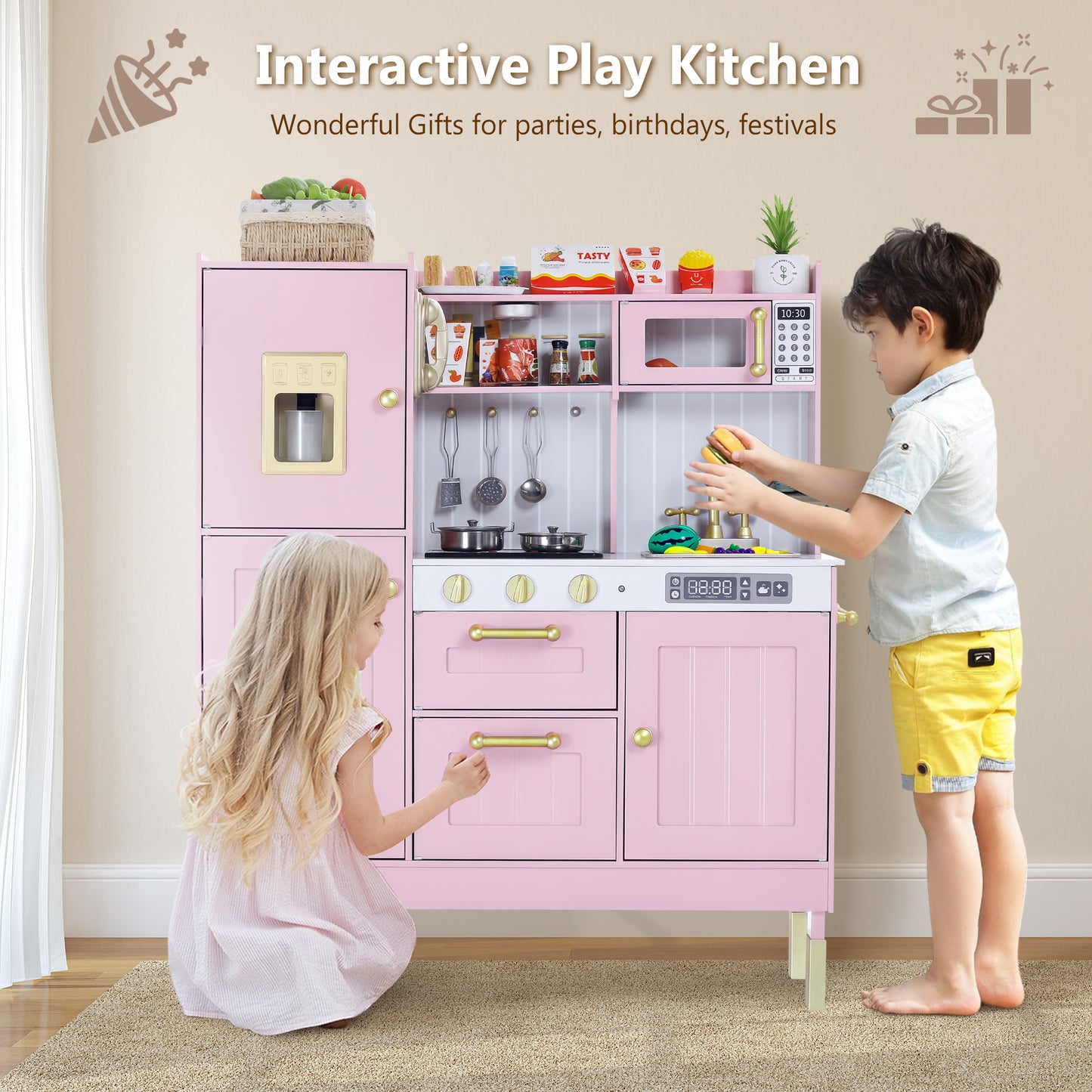 LINLUX Wooden Kids Play Kitchen, Toy Kitchen Playset For Toddler, Realistic Kitchen Sets Baby, Pink