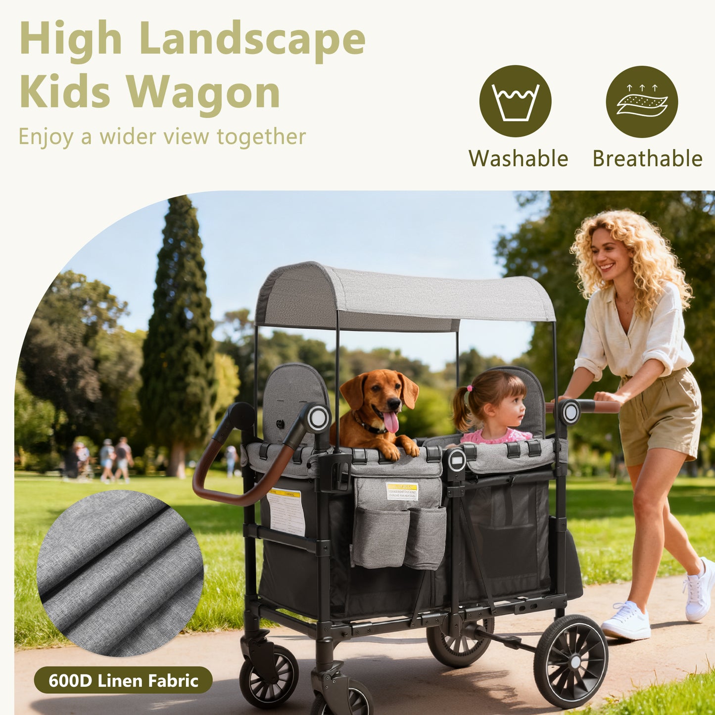 LINLUX 2 Kids Wagon Stroller, Foldable Outdoor 2-Seat Stroller Wagon, Removable Canopy, 55 Pound, Black