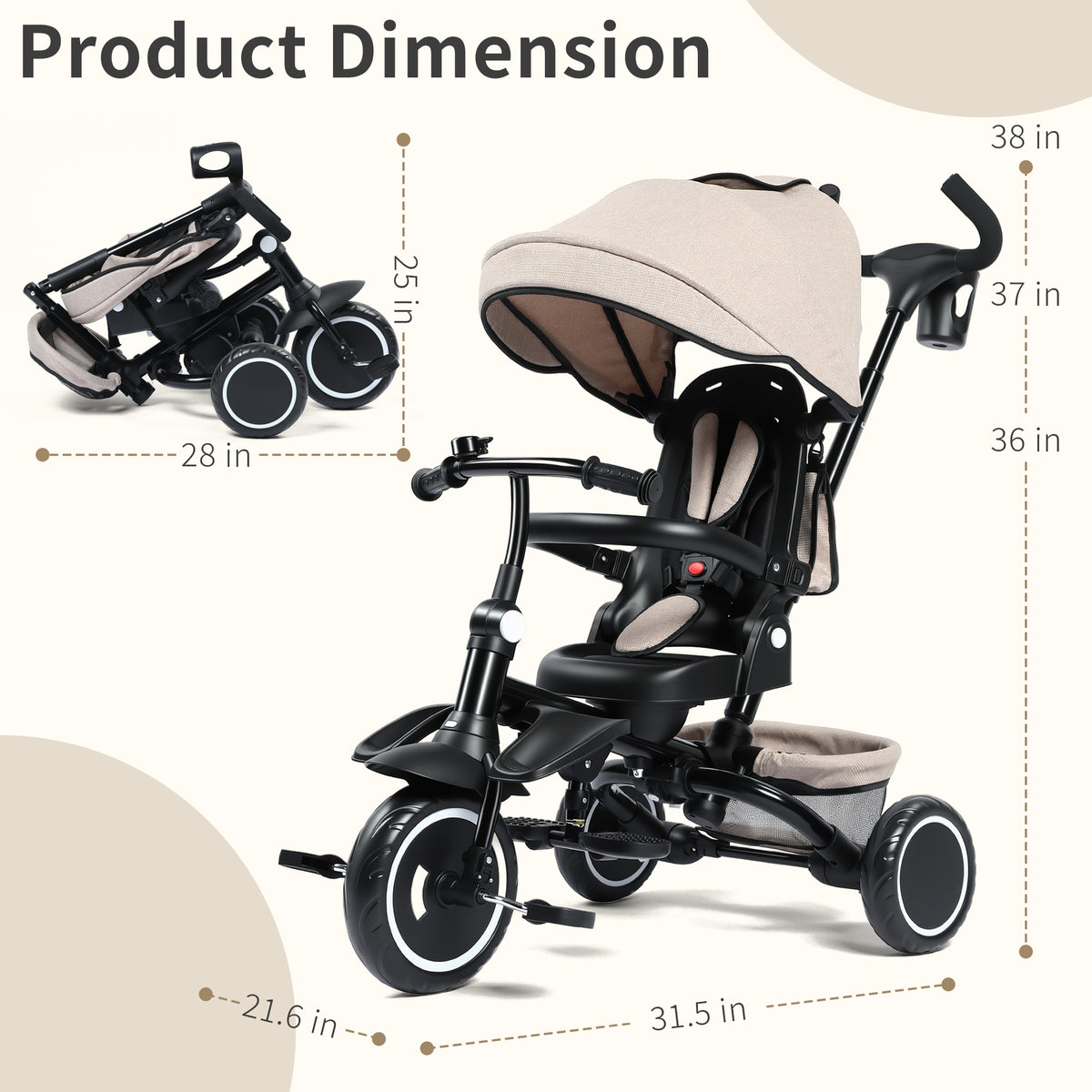 AILEEKISS 7-in-1 Kids' Tricycle with Push Handle, Foldable Trike Bicycles for Kids 1-5 Years, Khaki