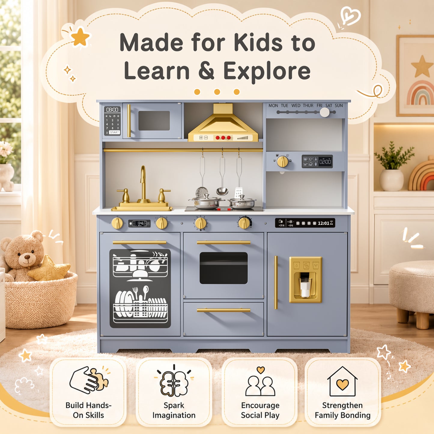 AILEEKISS Kids Toy Kitchen for Children, Pretend Kids Play Kitchen Set with Cooking Accessories, Blue
