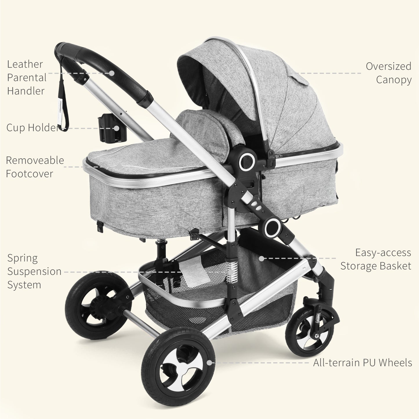 AILEEKISS 3 in 1 Convertible Baby Stroller, Unisex Folding Newborn Stroller with Big Seat, Light Grey