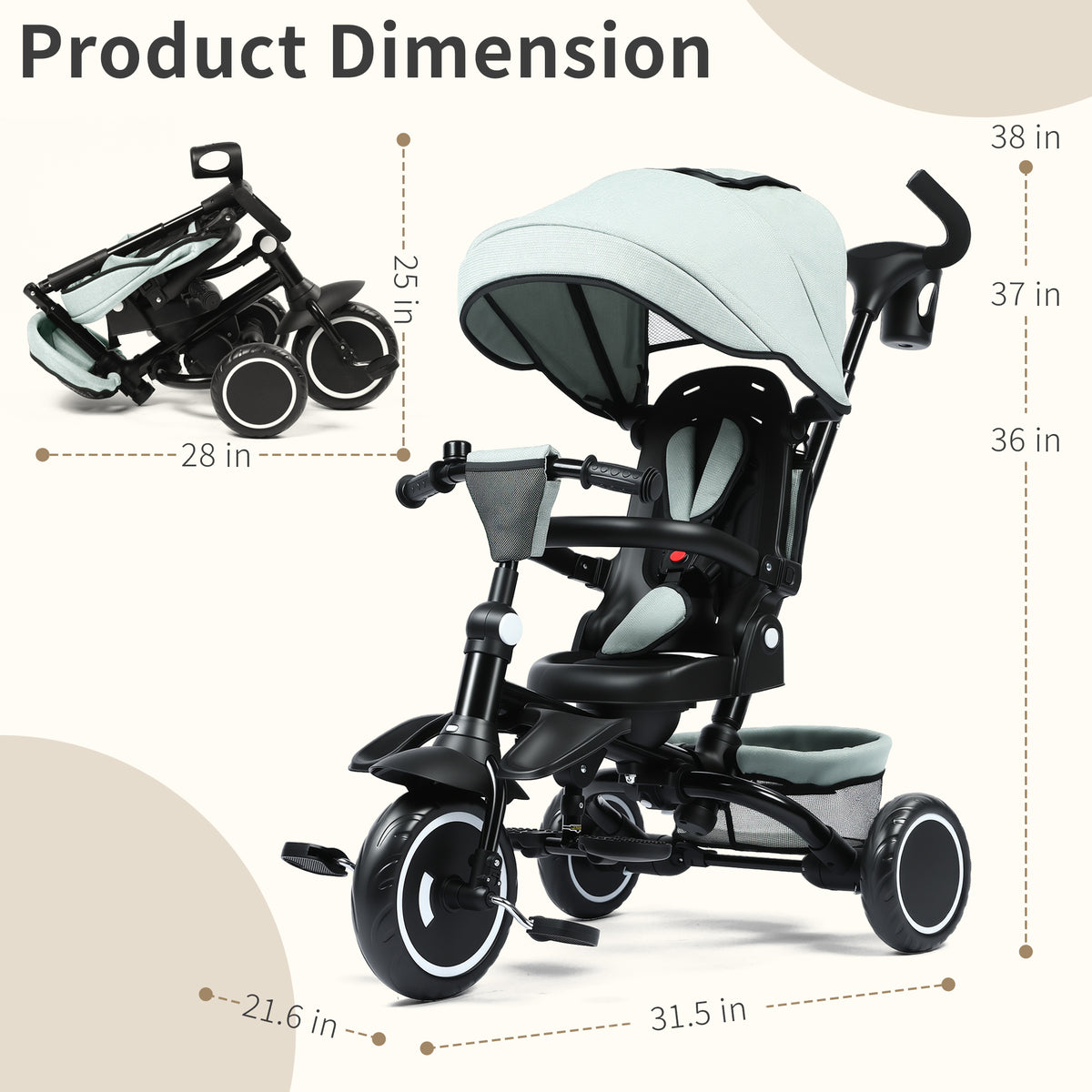 AILEEKISS 7-in-1 Kids' Tricycle with Push Handle, Foldable Trike Bicycles for Kids 1-5 Years, Green