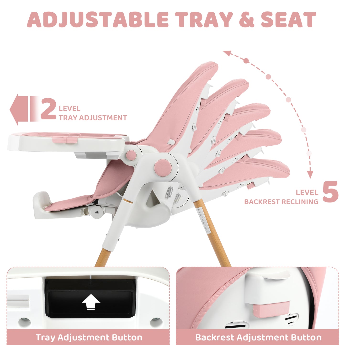 AILEEKISS Foldable High Chair for Baby, Toddler Eating Chair with Detachable Double Trays, Natural Pink