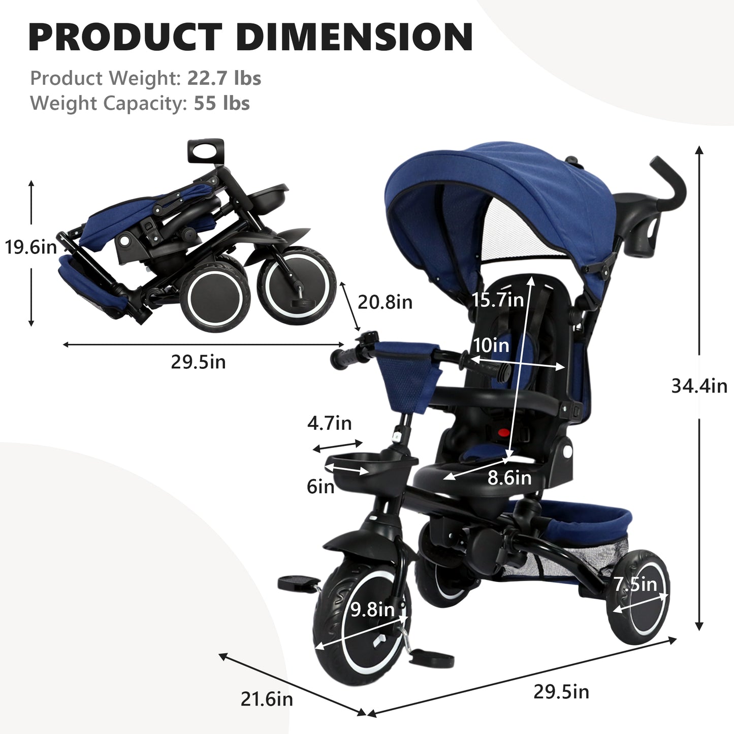 AILEEKISS 8-in-1 Kids' Tricycle Stroller, Folding Toddler Bicycle Unisex Ride Trike 1-6 Years, Blue
