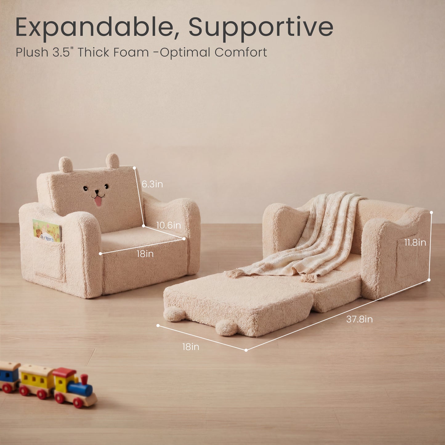 AILEEKISS Toddler Sofa, Foldable Kids Sofa Couch, Convertible Baby Lounger Chair for Playroom, Beige