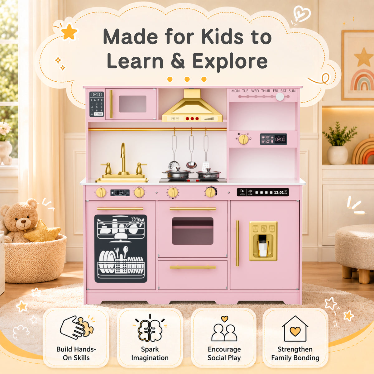 AILEEKISS Kids Toy Kitchen for Children, Pretend Kids Play Kitchen Set with Cooking Accessories, Pink