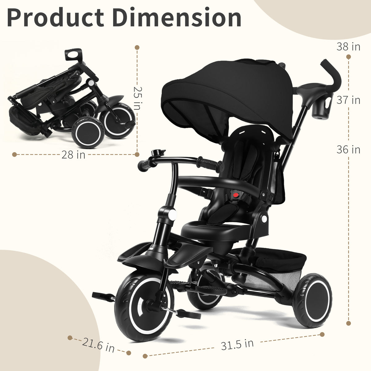 AILEEKISS 7-in-1 Kids' Tricycle with Push Handle, Foldable Trike Bicycles for Kids 1-5 Years, Black