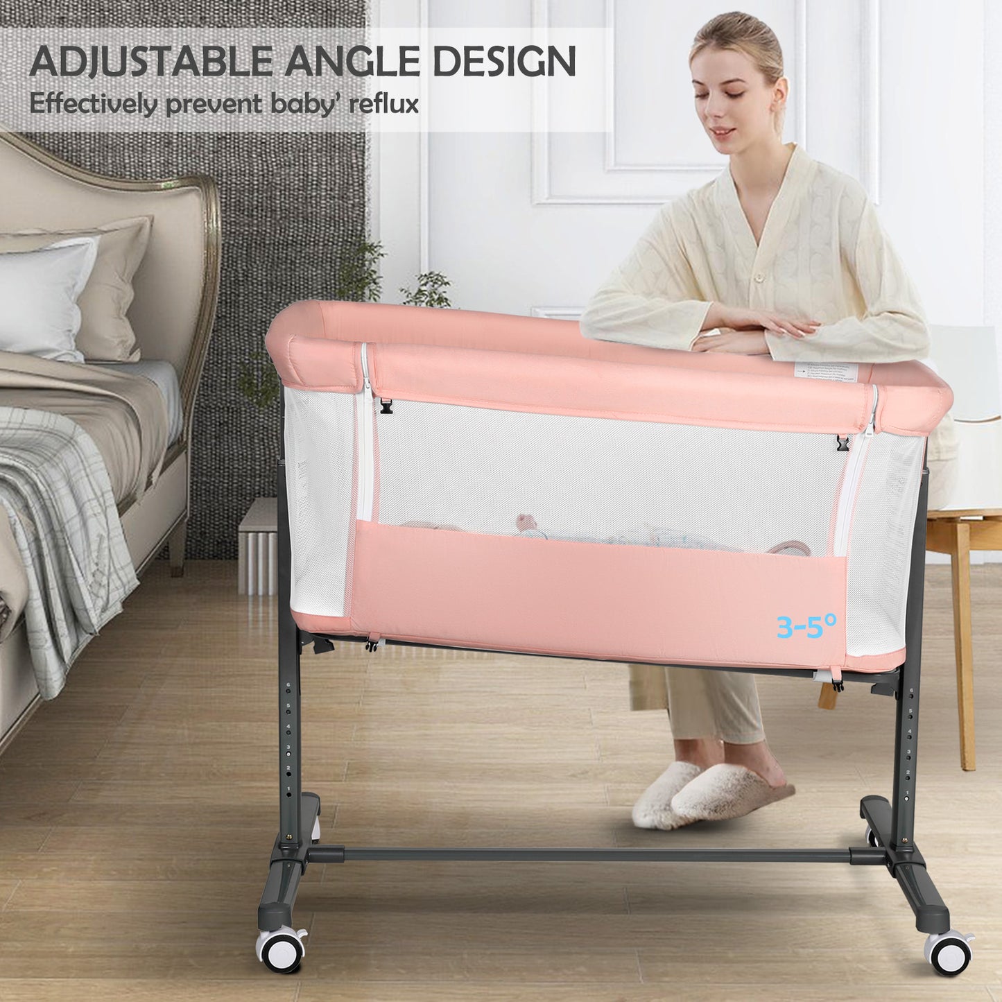 Baby Bassinet Bedside Sleeper, Height Adjustable Newborn Baby Bassinet with Wheels, Pink