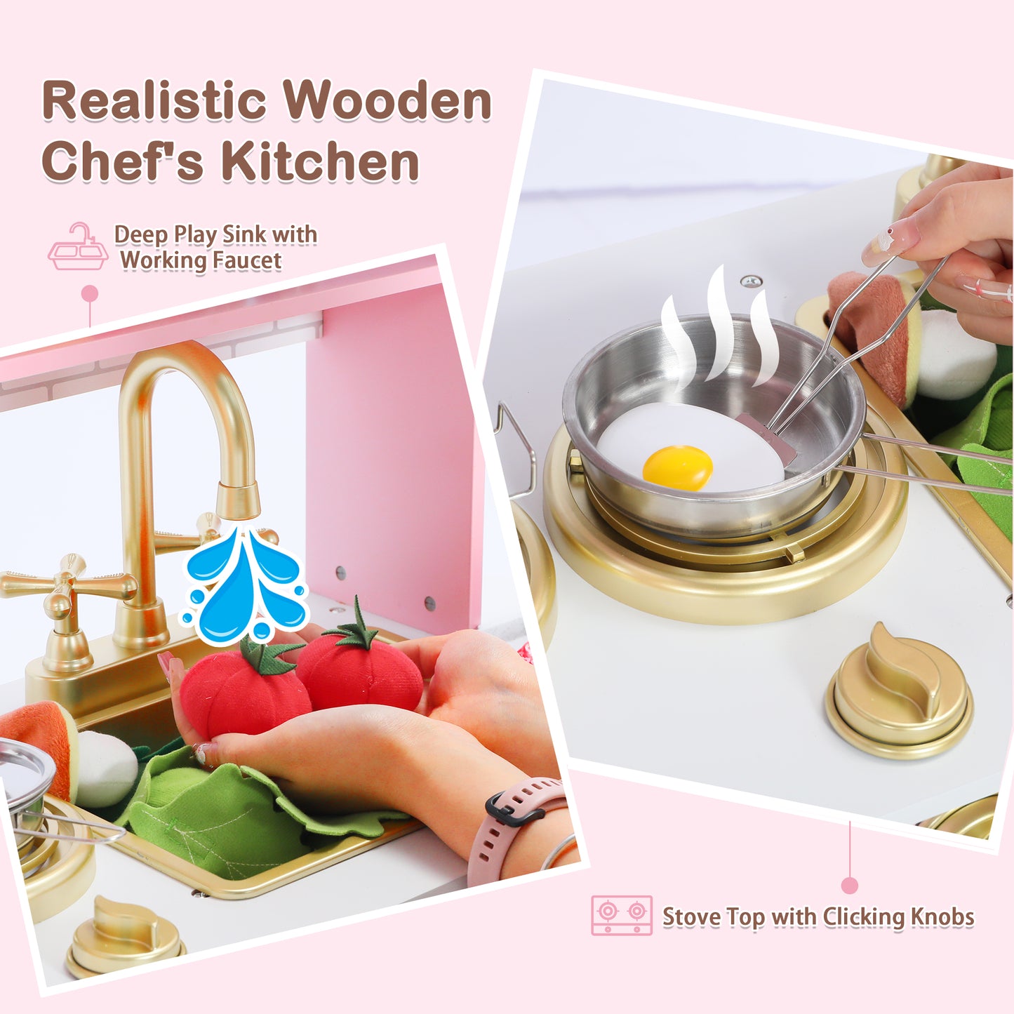 AILEEKISS Kids Play Kitchen Set, Wood Kitchen Playset for Toddler with Accessories, Gold Pink