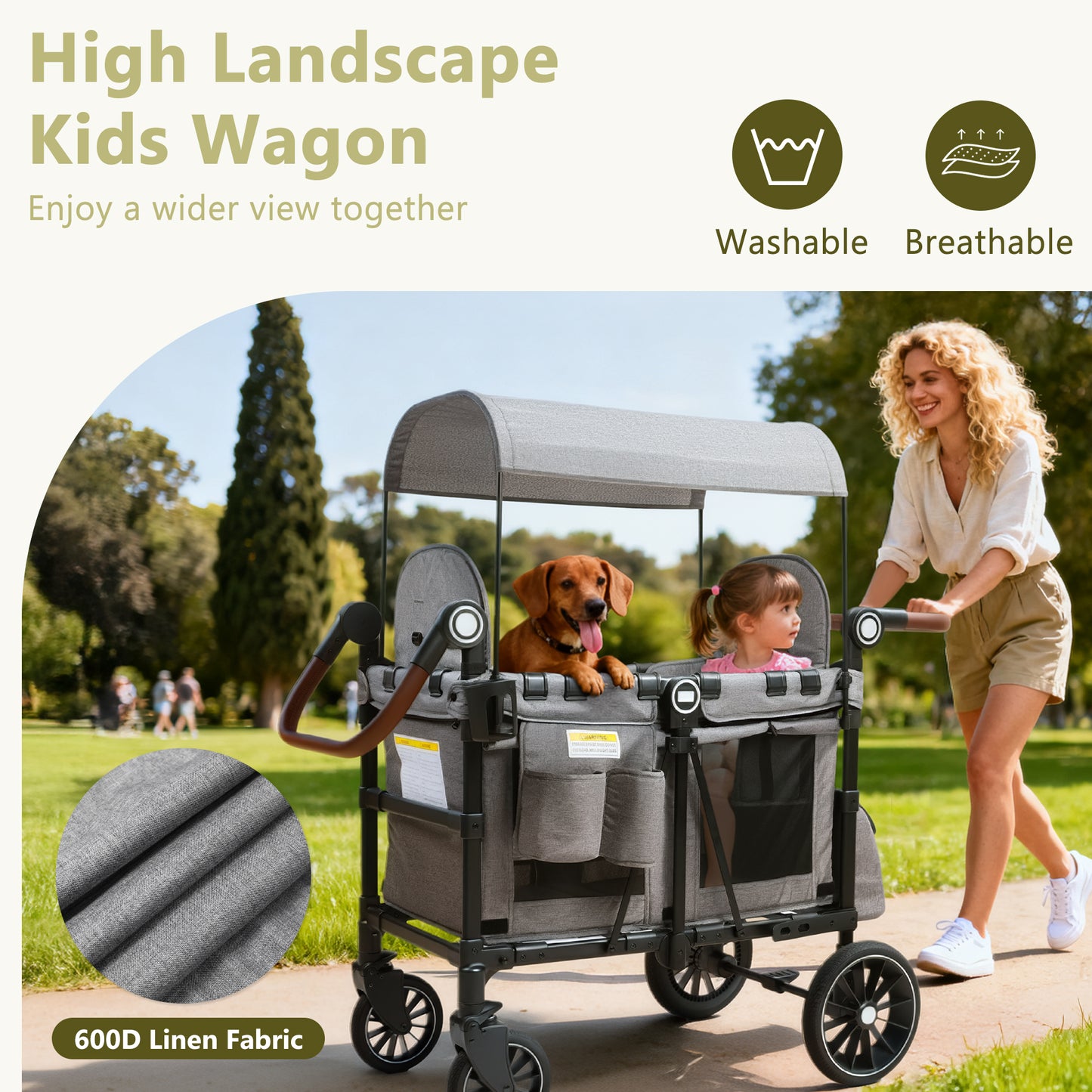 LINLUX 2 Kids Wagon Stroller, Foldable Outdoor 2-Seat Stroller Wagon, Removable Canopy, 55 Pound, Gray