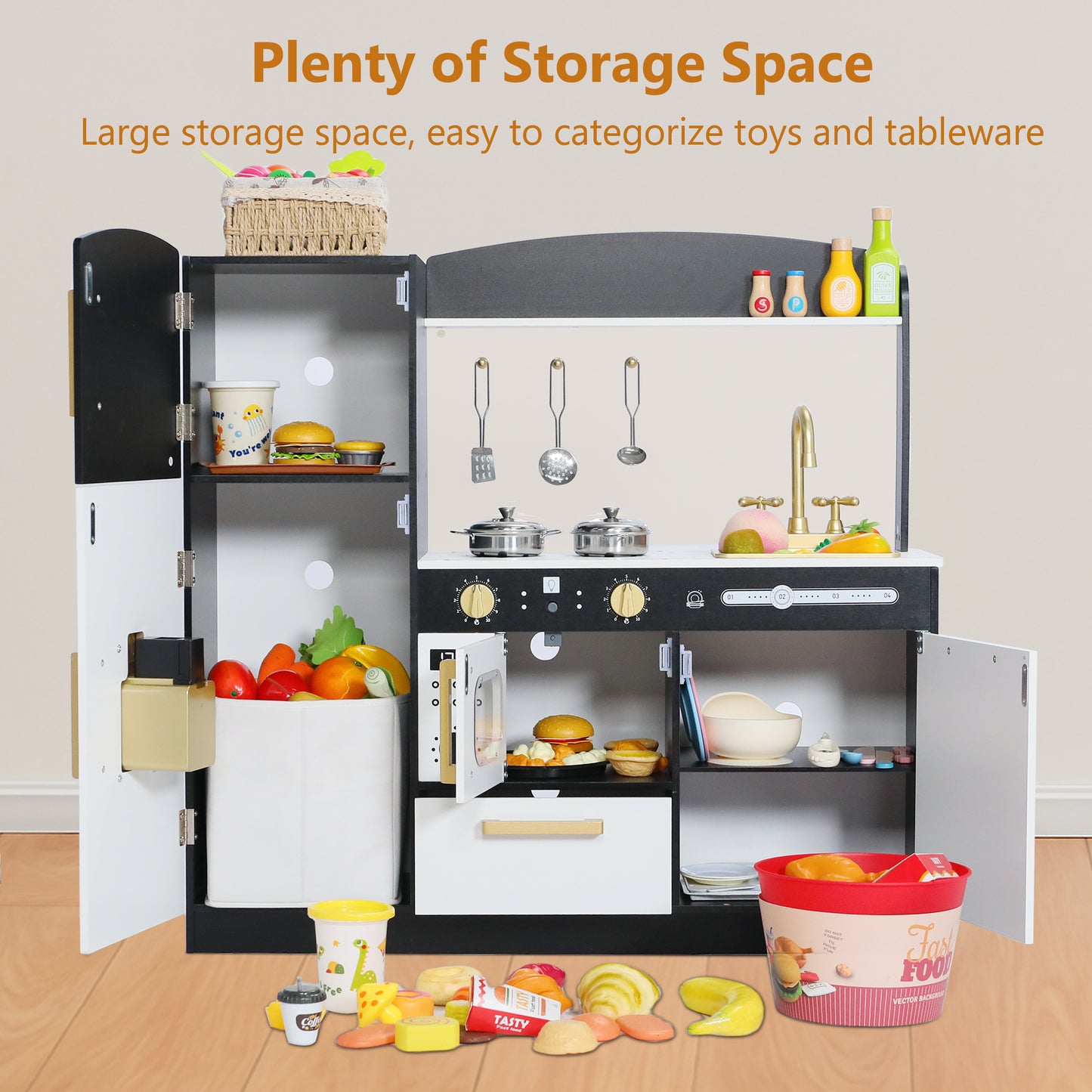AILEEKISS Wood Kids Play Kitchen, Pretend Kitchen Playset for Children Age 3 Years up, Black