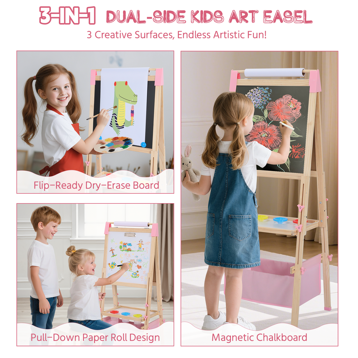AILEEKISS Kids Art Easel Double-Sided Art Easel with Whiteboard and Chalkboard for Painting Pink