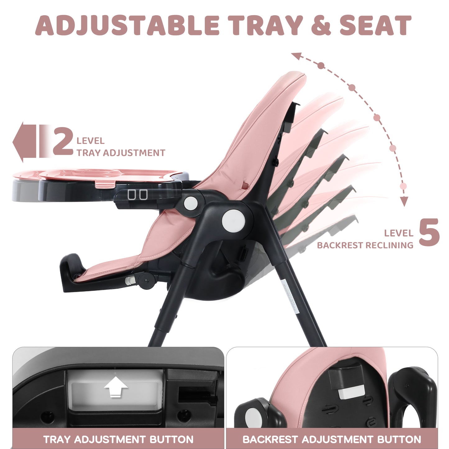 AILEEKISS Foldable High Chair for Baby, Toddler Eating Chair with Detachable Double Trays, Black Pink