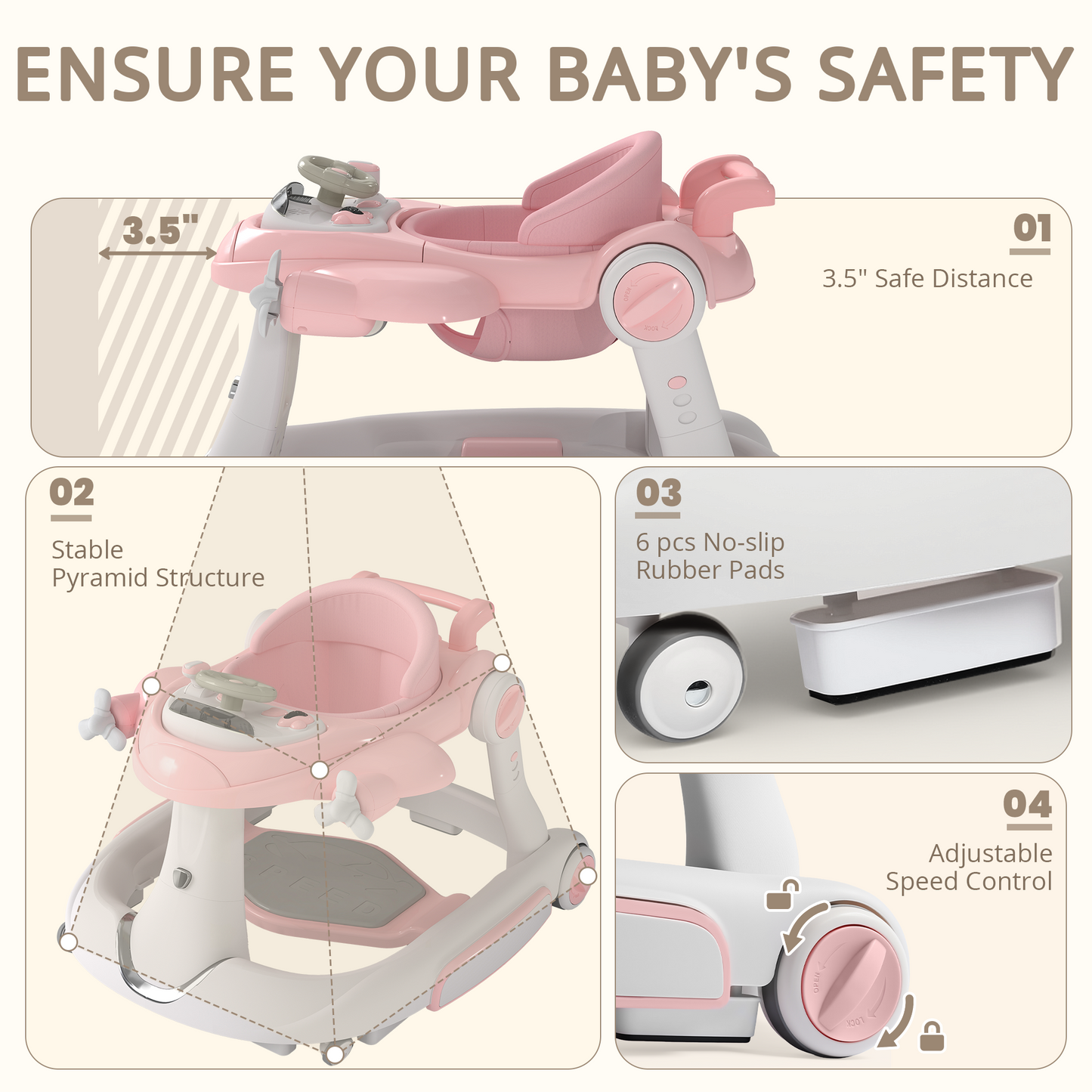 AILEEKISS 5-in-1 Musical Baby Walker with Wheels, Foldable Baby Walker for Boys Girls, Pink& Beige